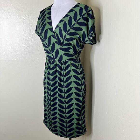Ann Taylor Wrap Dress 2 Jersey Knit Green Navy Work Vneck Office Knee Length New - Picture 5 of 10